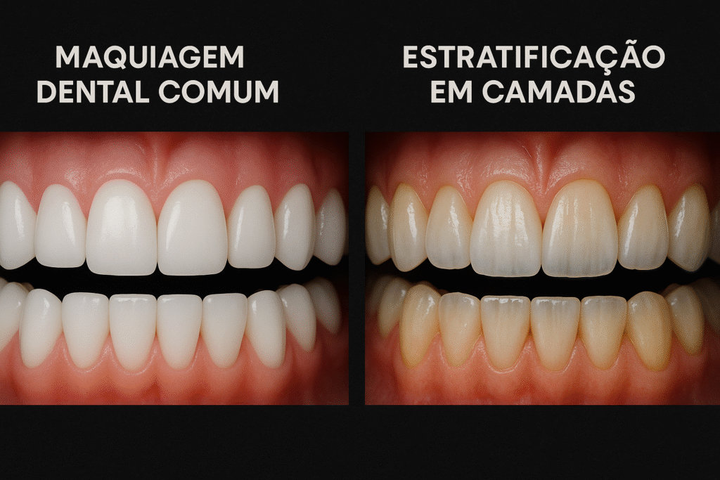 Maquiagem dental comum vs estratificação em camadas